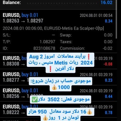 برآیند معاملات امروز 2 Aug 2024 ربات Metis متیس ربات دلار آفرین موجودی حسا